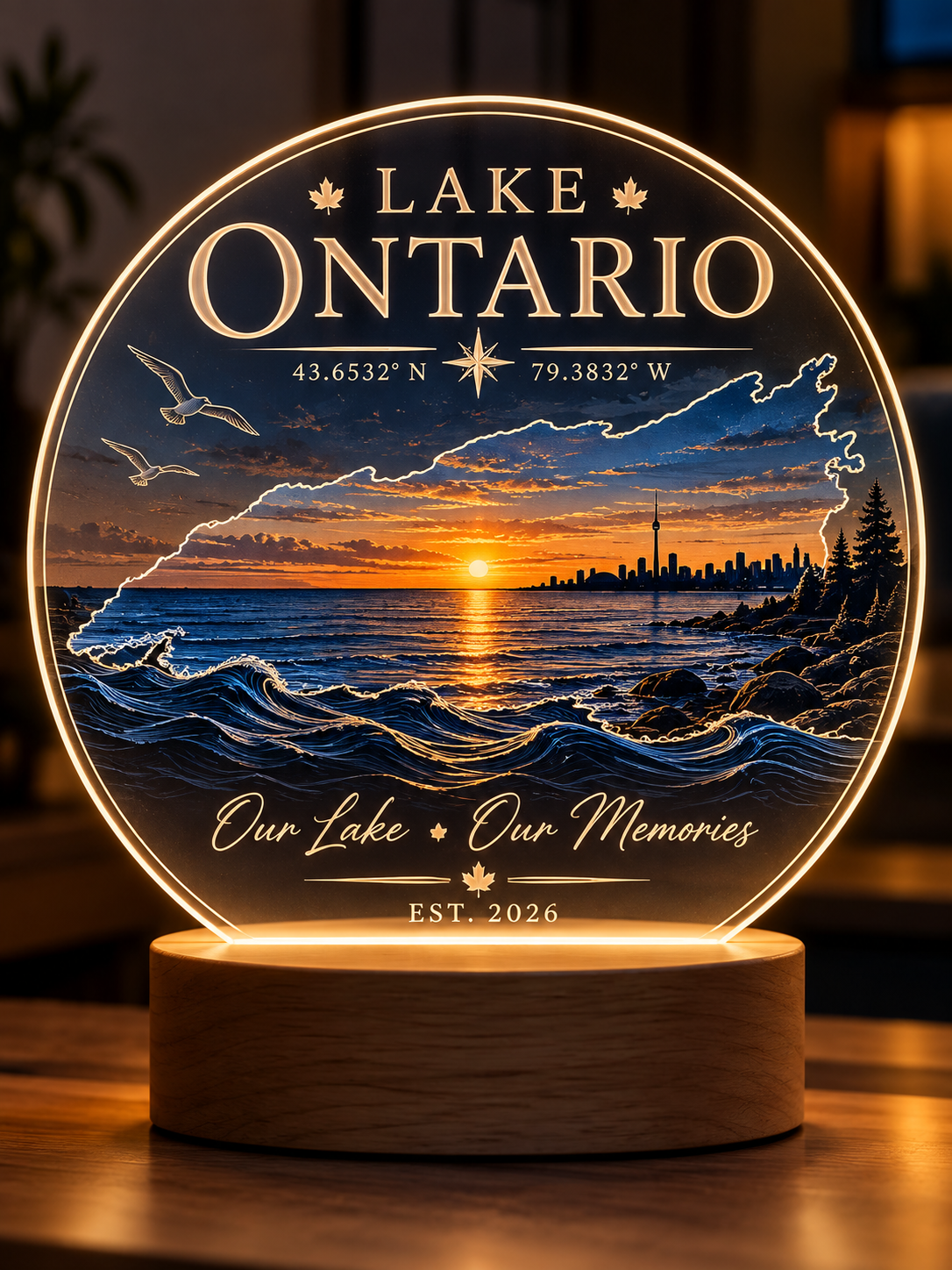 Personalized Lake Ontario Wedding LED Lamp, Custom Couple Names & Date, Wedding Gift, Anniversary Gift, Lake House Decor, Romantic Keepsake