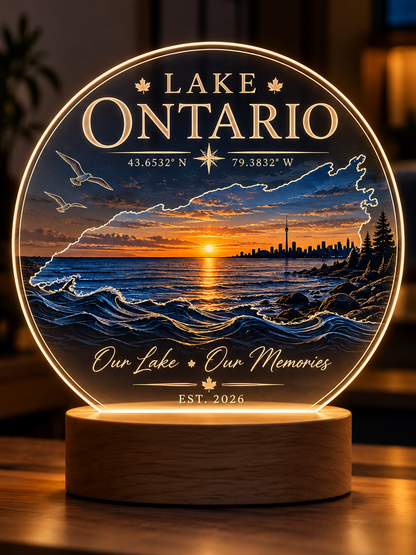Personalized Lake Ontario Wedding LED Lamp, Custom Couple Names & Date, Wedding Gift, Anniversary Gift, Lake House Decor, Romantic Keepsake