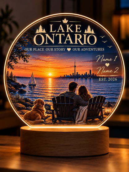 Personalized Lake Ontario Wedding LED Lamp, Custom Couple Names & Date, Wedding Gift, Anniversary Gift, Lake House Decor, Romantic Keepsake