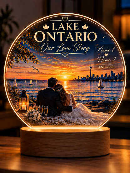 Personalized Lake Ontario Wedding LED Lamp, Custom Couple Names & Date, Wedding Gift, Anniversary Gift, Lake House Decor, Romantic Keepsake