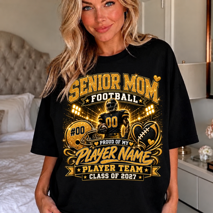 Personalized Senior Football Mom Shirt, Custom Player Name Team Number Tee, Class of 2027 Game Day Mom Shirt, Glitter Effect Football Gift
