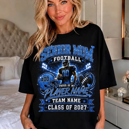 Personalized Senior Football Mom Shirt, Custom Player Name Team Number Tee, Class of 2027 Game Day Mom Shirt, Glitter Effect Football Gift