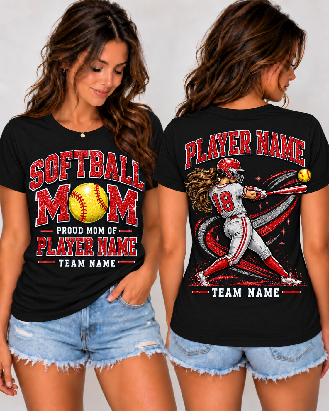 Personalized Softball Mom Shirt, Proud Mom of Player Name, Custom Team Name & Number, Glitter Effect Game Day Tee, Front and Back