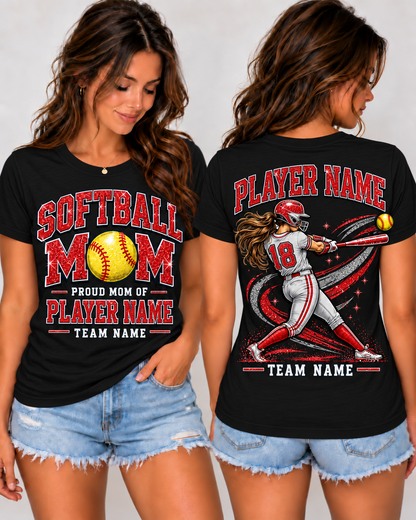 Personalized Softball Mom Shirt, Proud Mom of Player Name, Custom Team Name & Number, Glitter Effect Game Day Tee, Front and Back