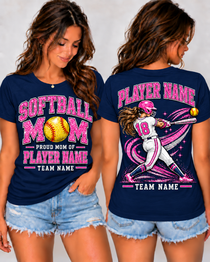 Personalized Softball Mom Shirt, Proud Mom of Player Name, Custom Team Name & Number, Glitter Effect Game Day Tee, Front and Back