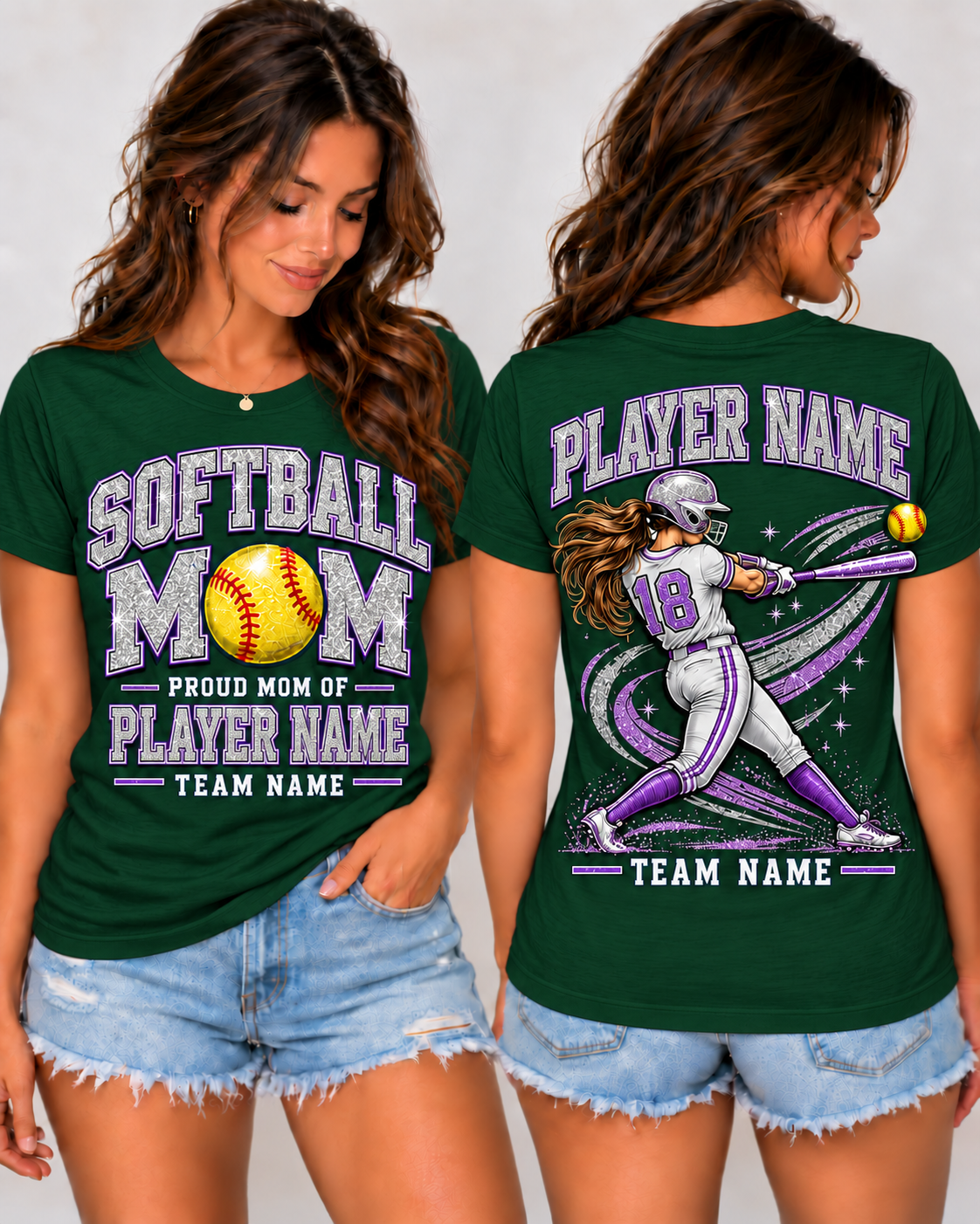 Personalized Softball Mom Shirt, Proud Mom of Player Name, Custom Team Name & Number, Glitter Effect Game Day Tee, Front and Back