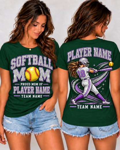Personalized Softball Mom Shirt, Proud Mom of Player Name, Custom Team Name & Number, Glitter Effect Game Day Tee, Front and Back