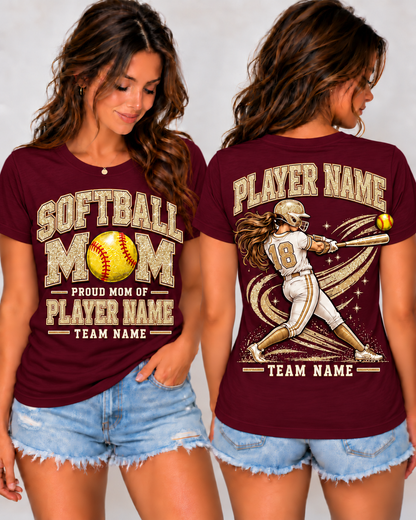 Personalized Softball Mom Shirt, Proud Mom of Player Name, Custom Team Name & Number, Glitter Effect Game Day Tee, Front and Back