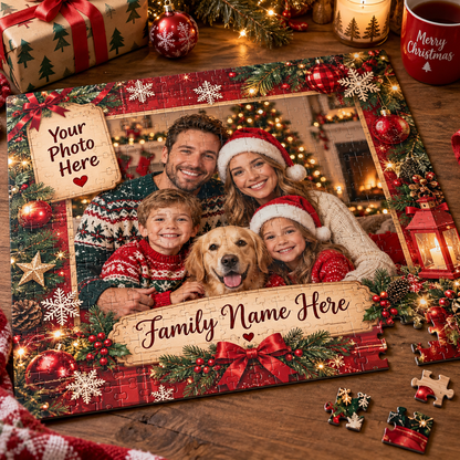 Personalized Christmas Family Photo Puzzle, Custom Family Name Puzzle, Christmas Gift for Family, Custom Photo Puzzle, Holiday Keepsake