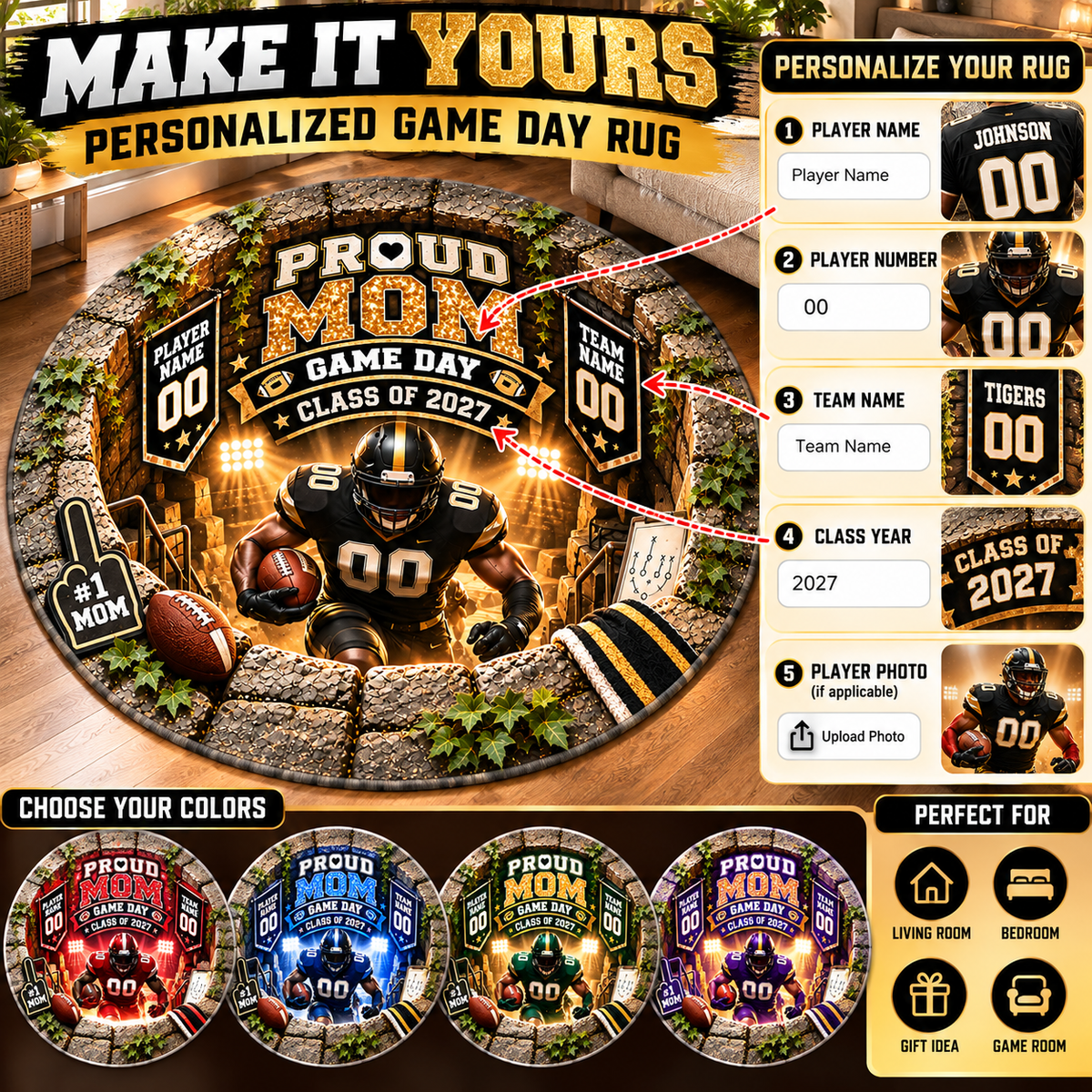 Proud Mom Football Player Round Rug | Game Day Class of 2027