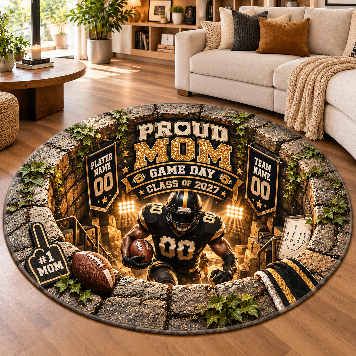 Proud Mom Football Player Round Rug | Game Day Class of 2027