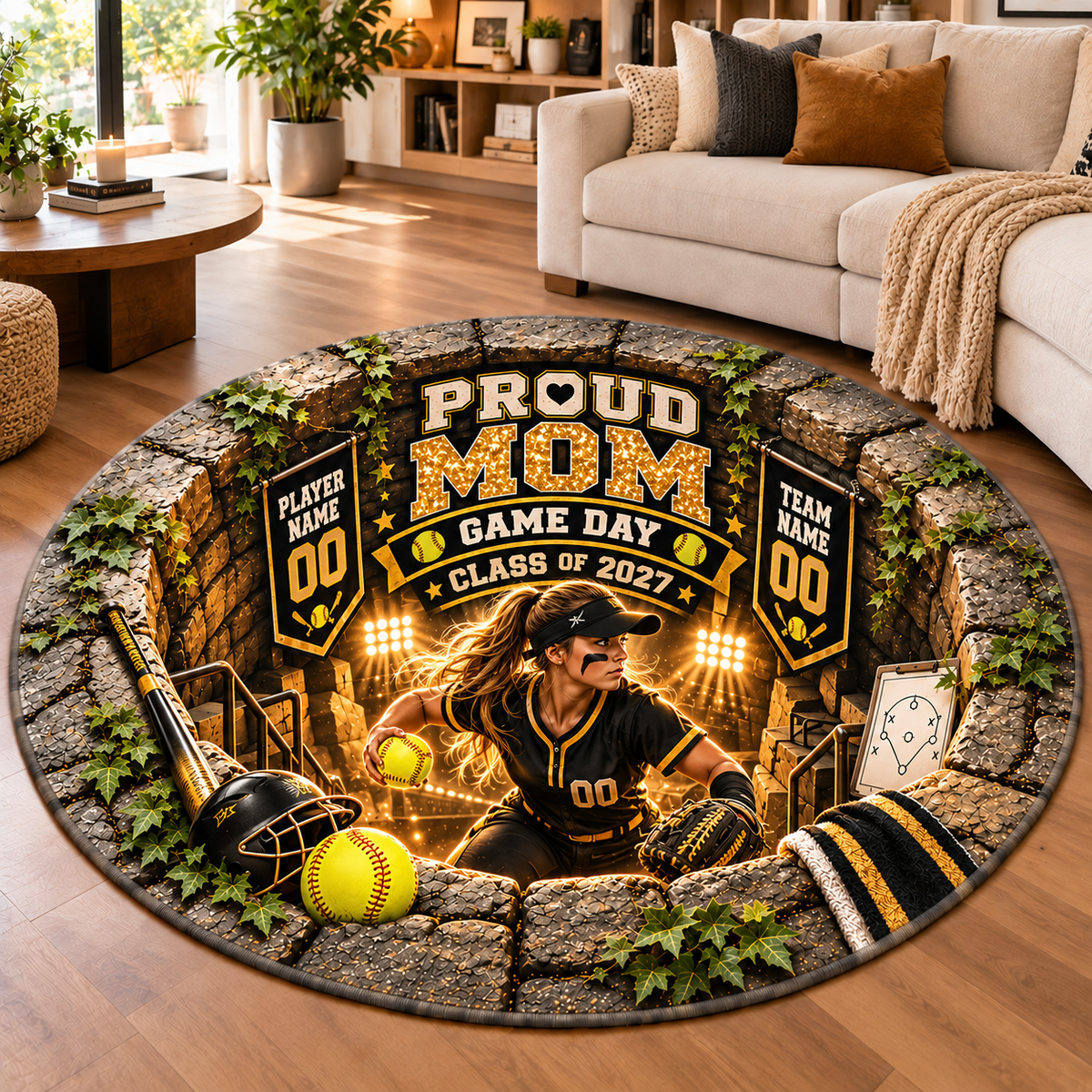 Personalized Softball Mom Rug, Custom Round Area Rug, Proud Mom Game Day Rug, Player Name Team Name Class of 2027 Softball Gift