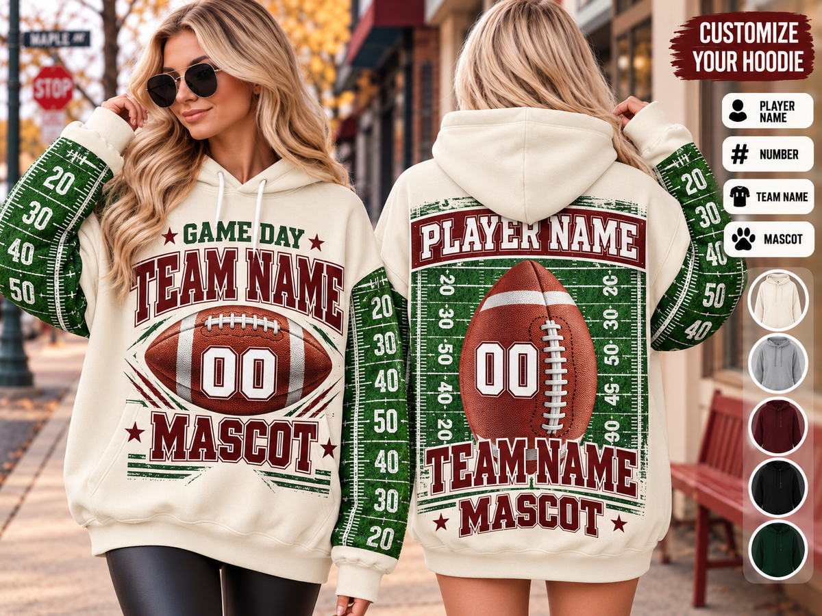 Game Day Football Hoodie Tee — Custom Team Name & Mascot (Number 00)