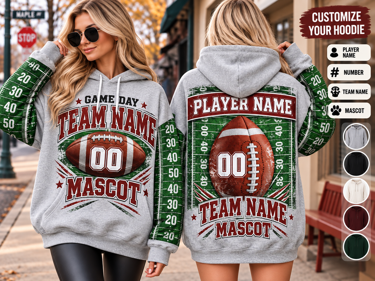 Game Day Football Hoodie Tee — Custom Team Name & Mascot (Number 00)