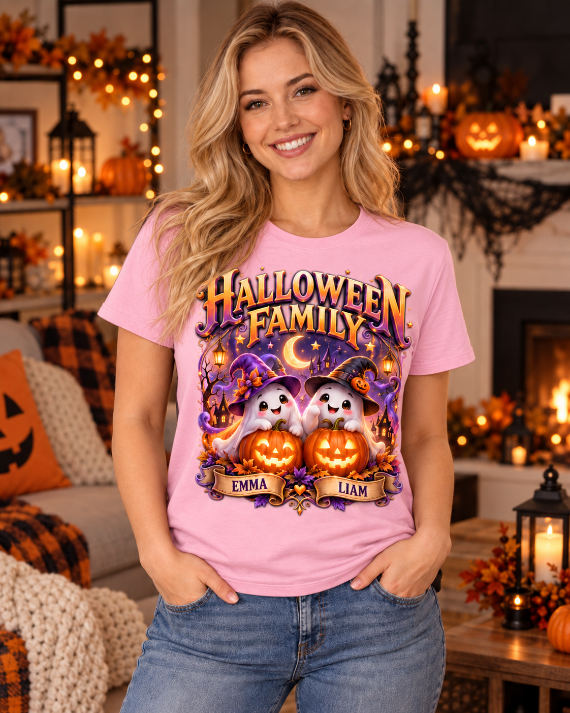 Halloween Family T-Shirt – Personalized Ghosts with Pumpkins (Names: Emma & Liam)