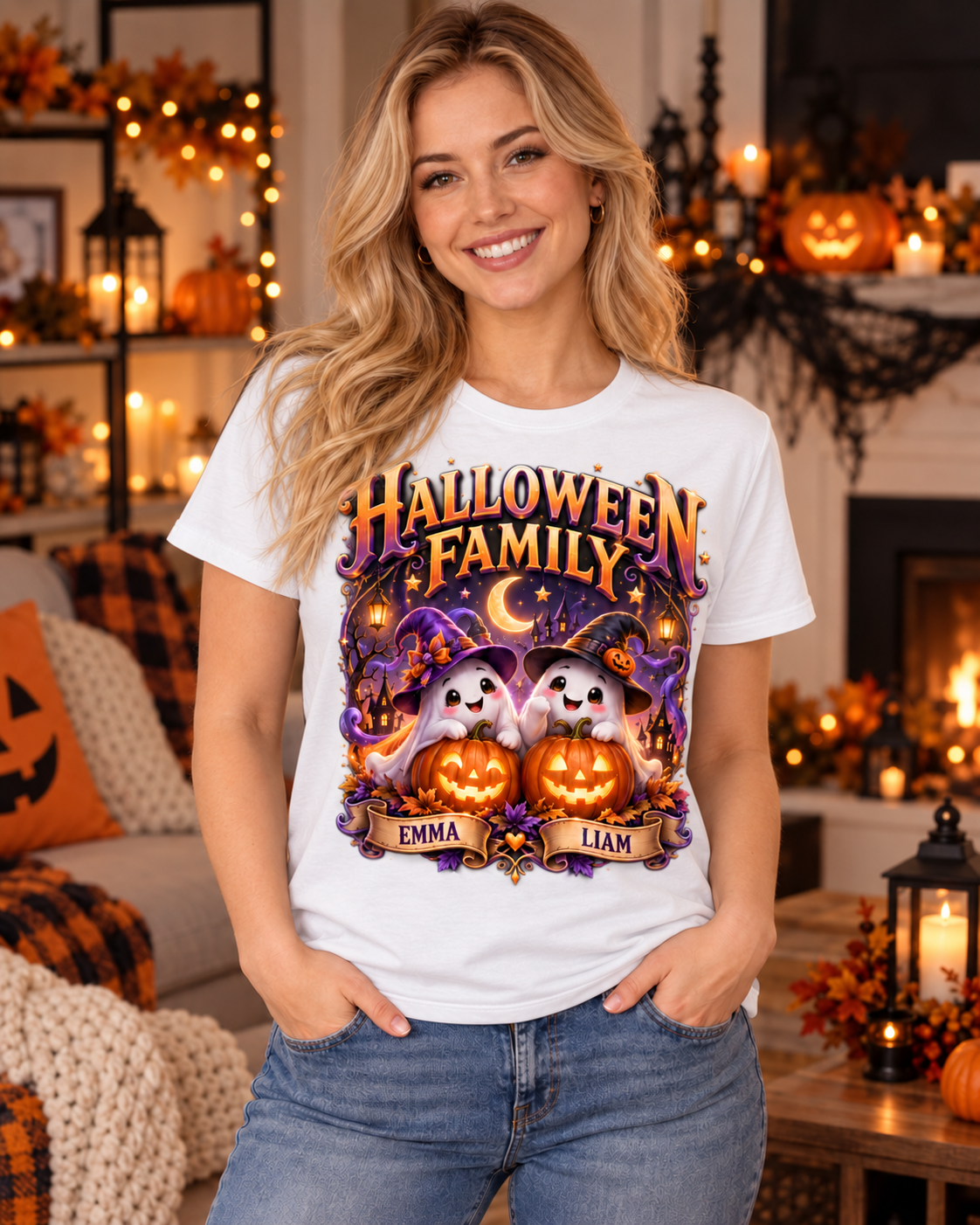 Halloween Family T-Shirt – Personalized Ghosts with Pumpkins (Names: Emma & Liam)