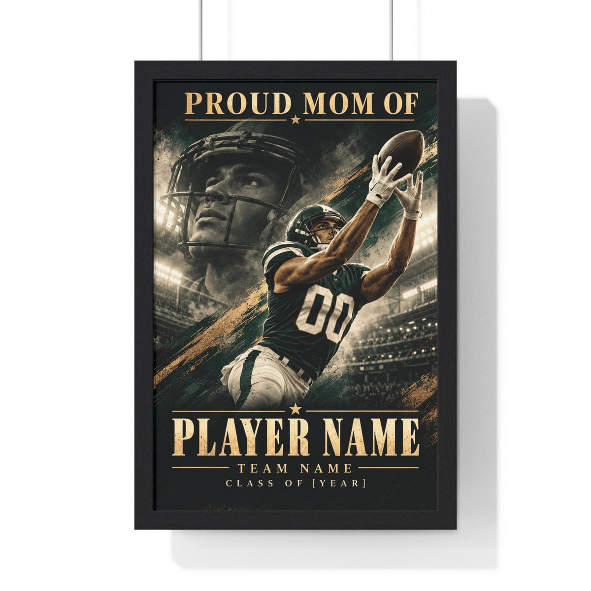 Personalized Proud Mom Football Framed Photo Poster – Green Portrait & Action – Custom Name, Team & Graduation Year