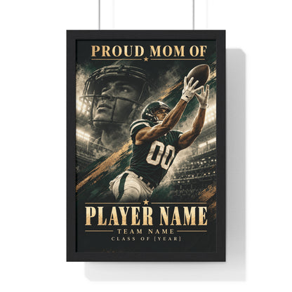 Personalized Proud Mom Football Framed Photo Poster – Green Portrait & Action – Custom Name, Team & Graduation Year