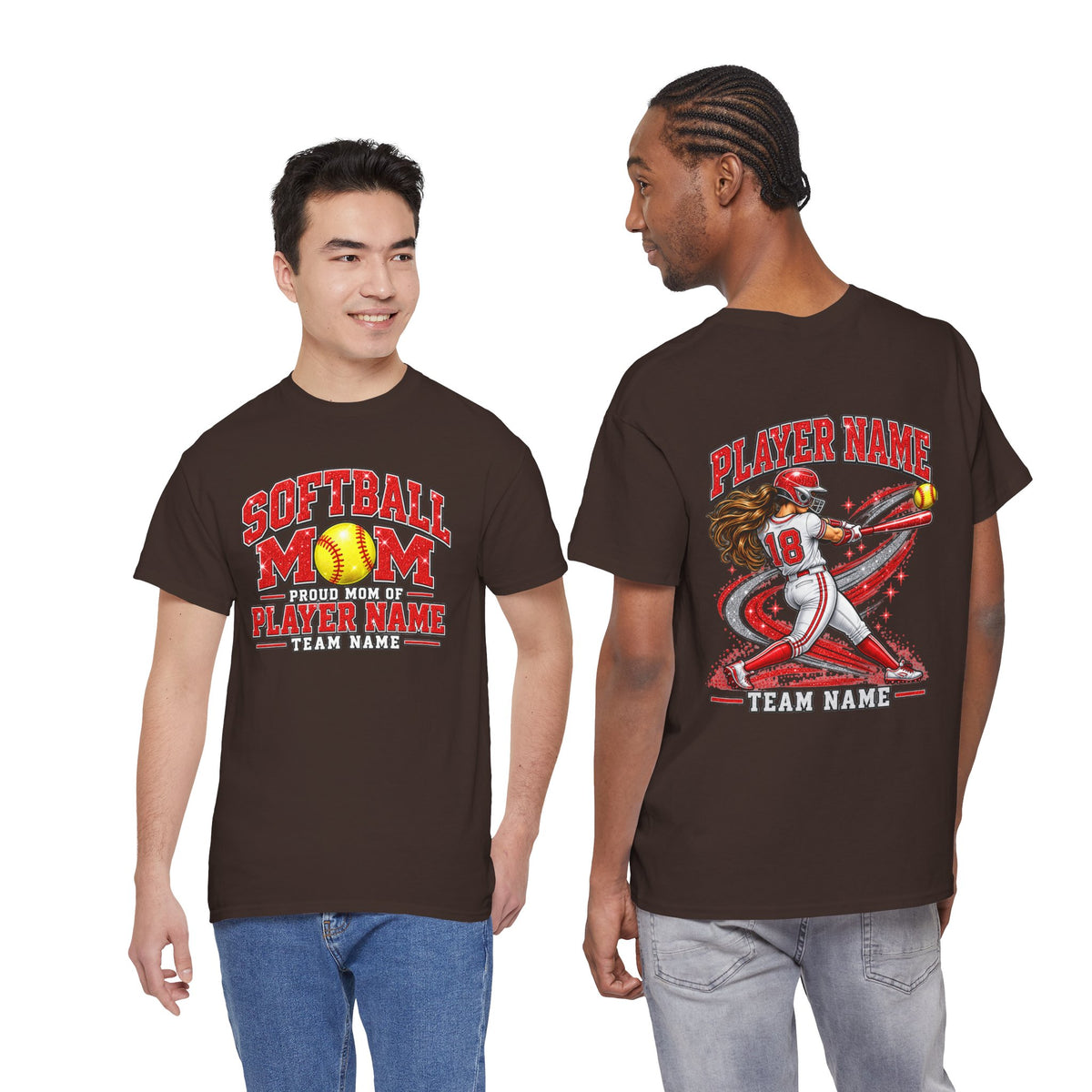 Personalized Softball Mom Shirt, Proud Mom of Player Name, Custom Team Name & Number, Glitter Effect Game Day Tee, Front and Back