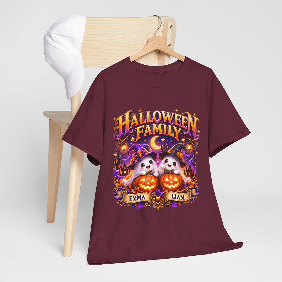 Halloween Family T-Shirt – Personalized Ghosts with Pumpkins (Names: Emma & Liam)