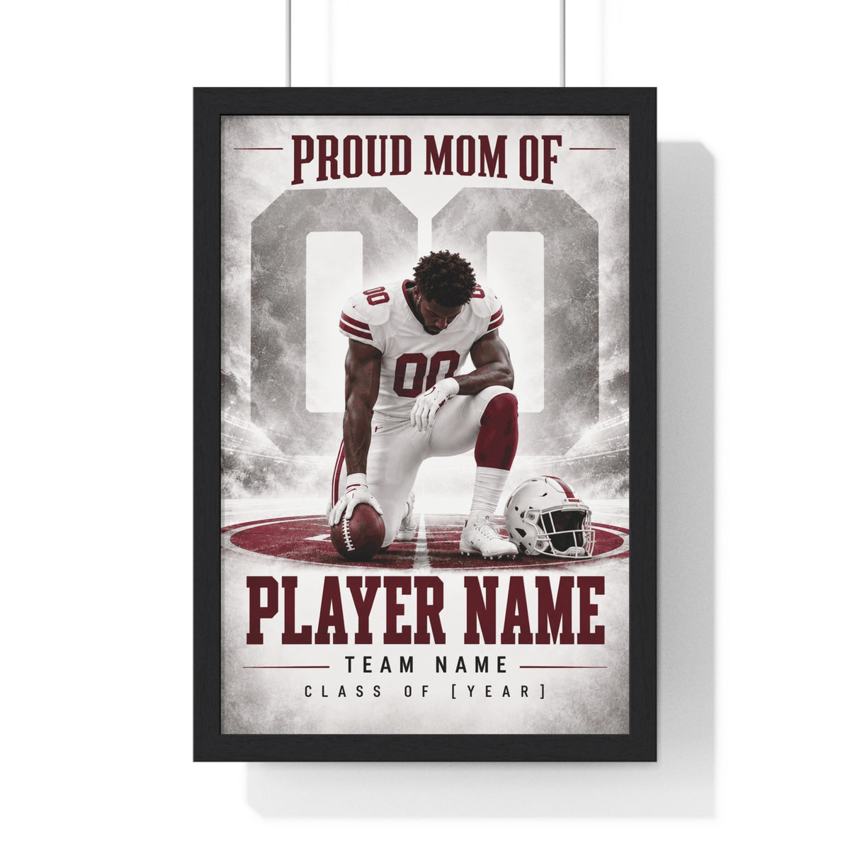 Personalized Proud Mom Football Framed Photo Poster – Burgundy Kneeling Player – Custom Name, Team & Graduation Year