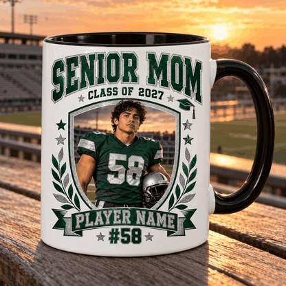 Senior Mom Class of 2027 personalized photo mug – lifestyle preview