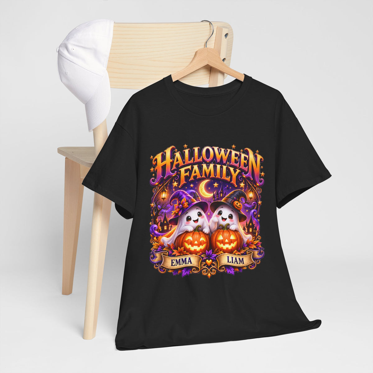 Halloween Family T-Shirt – Personalized Ghosts with Pumpkins (Names: Emma & Liam)