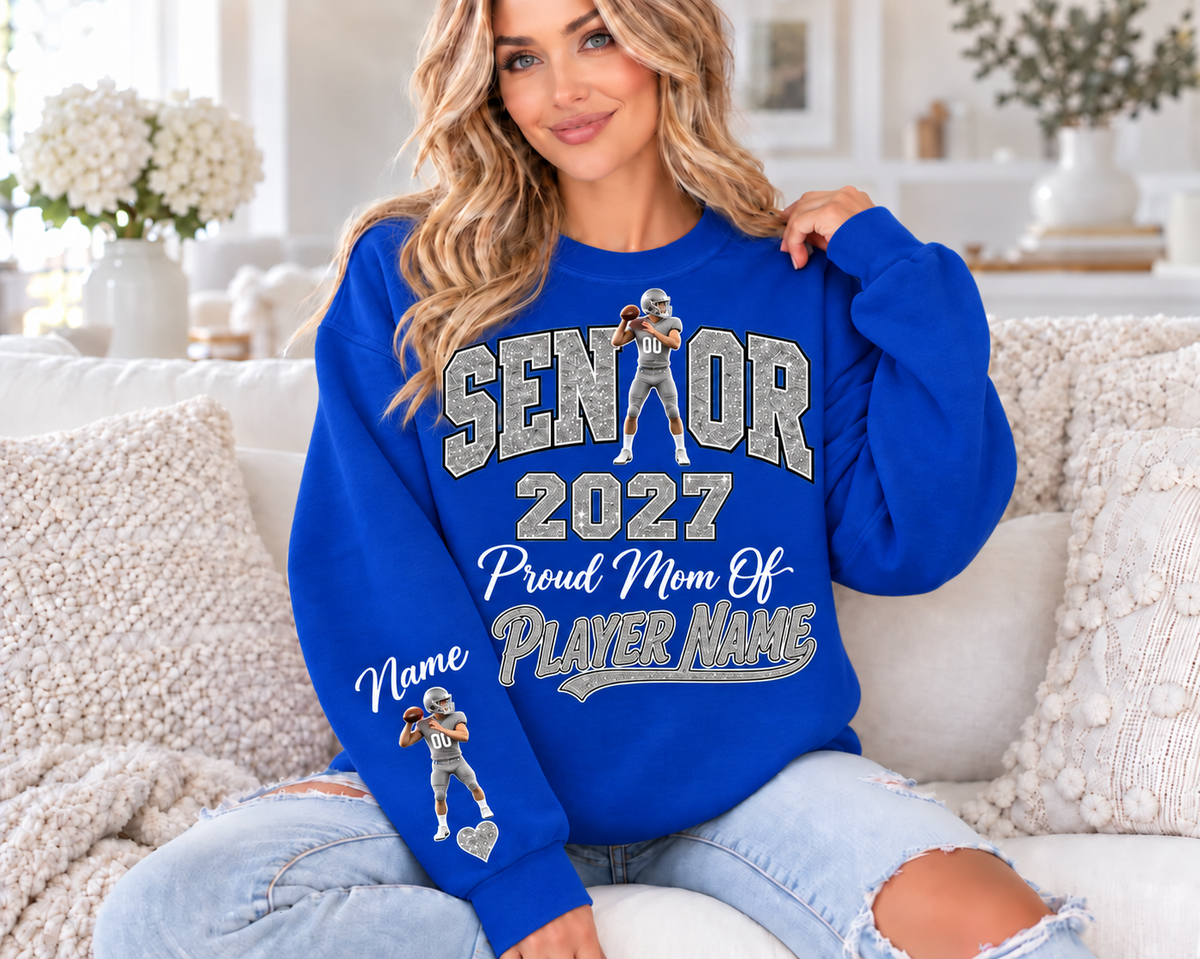 Personalized Senior Mom 2027 Sweatshirt — Quarterback Photo & Sleeve Heart