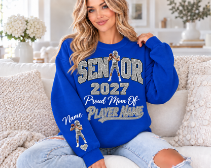 Personalized Senior Mom 2027 Sweatshirt — Quarterback Photo & Sleeve Heart