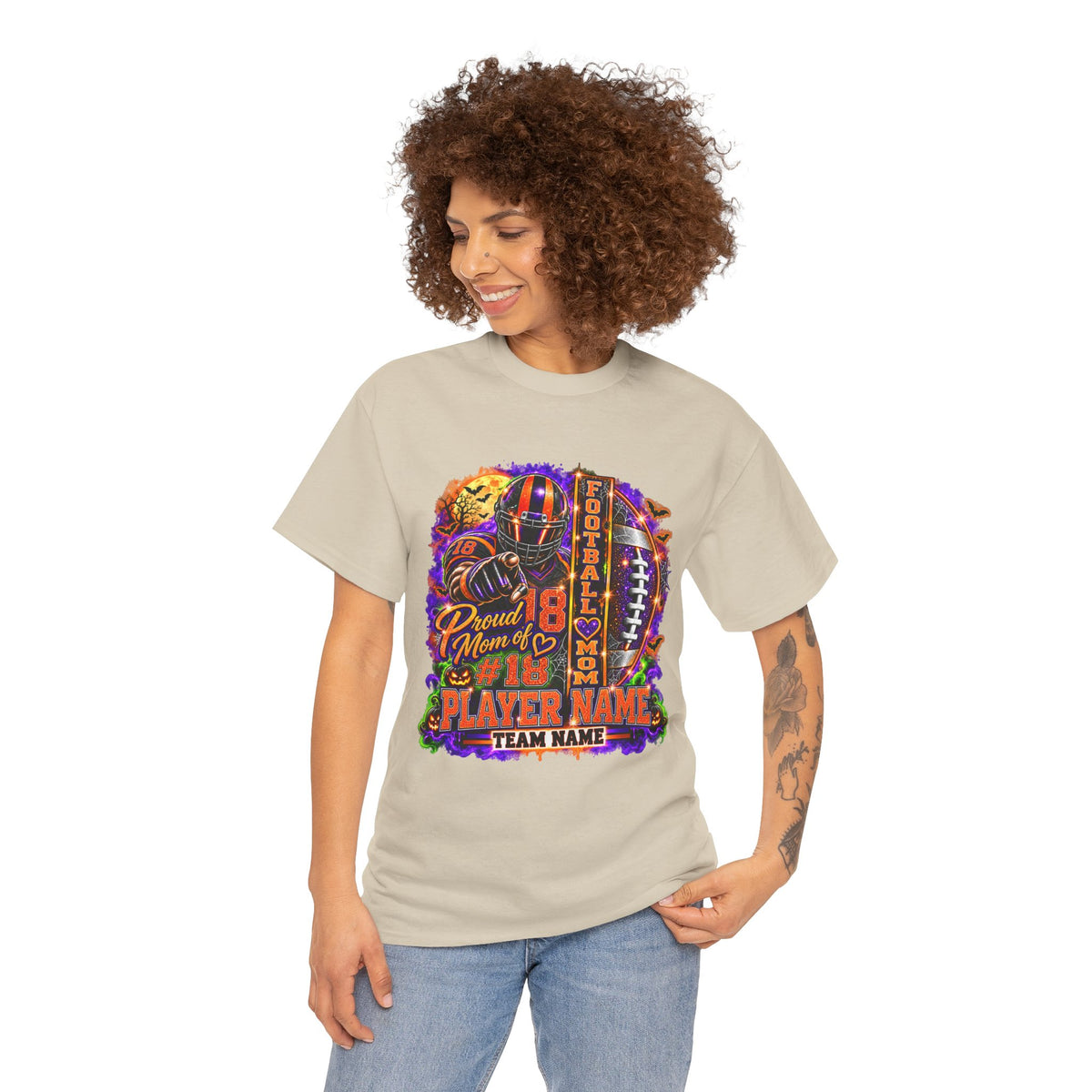 Personalized Halloween Football Mom Shirt, Proud Mom of Player, Custom Player Name Team Name Number, Glitter Effect Game Day Mom Tee