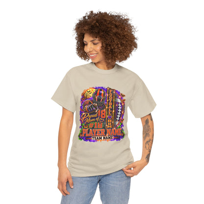 Personalized Halloween Football Mom Shirt, Proud Mom of Player, Custom Player Name Team Name Number, Glitter Effect Game Day Mom Tee