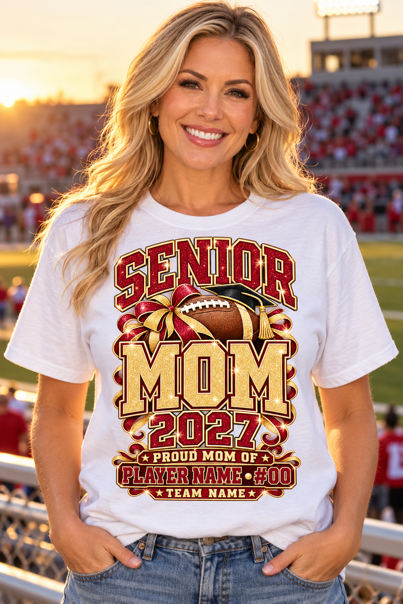 Personalized Personalized Senior Mom 2027 Football Shirt – Burgundy Gold Bow, Custom Player Name Number & Team – blonde model at football stadium, illustrative lifestyle mockup