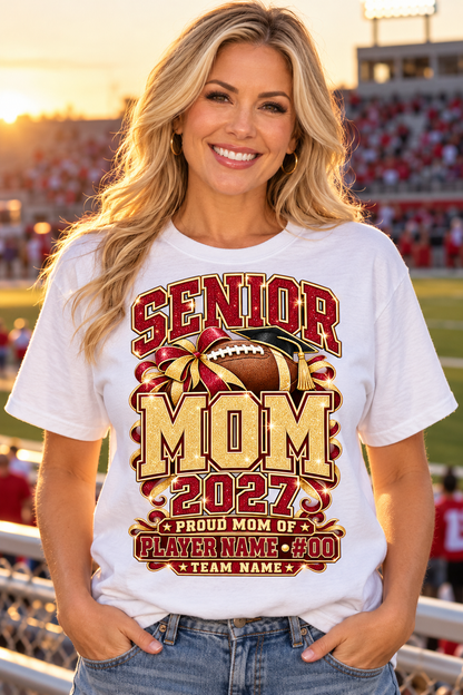 Personalized Personalized Senior Mom 2027 Football Shirt – Burgundy Gold Bow, Custom Player Name Number & Team – blonde model at football stadium, illustrative lifestyle mockup