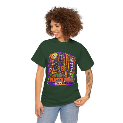 Personalized Halloween Football Mom Shirt, Proud Mom of Player, Custom Player Name Team Name Number, Glitter Effect Game Day Mom Tee