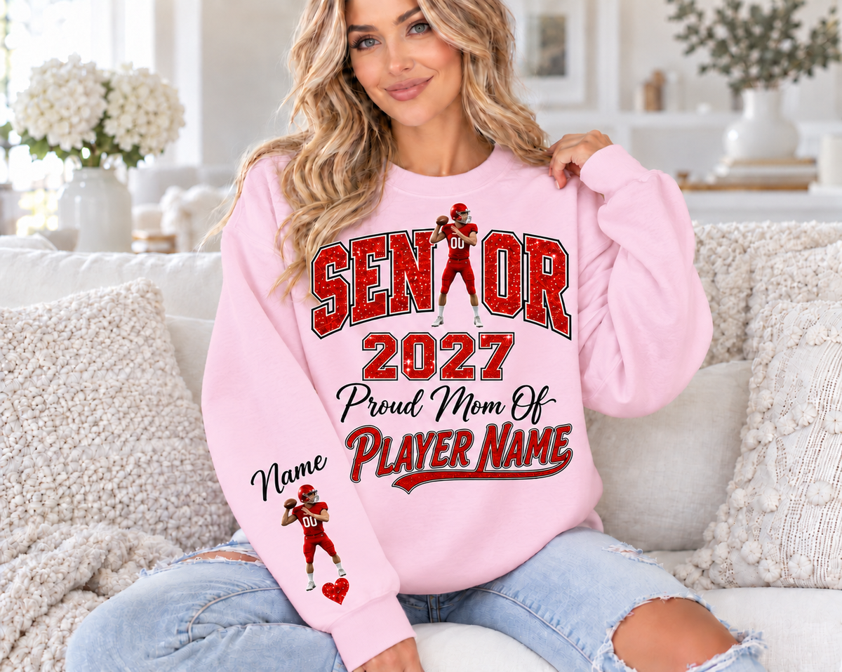 Light Pink sweatshirt with red printed glitter — Senior Mom 2027