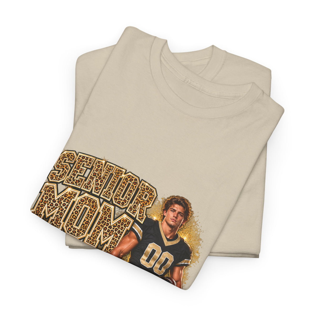 Personalized Senior Mom 2027 Leopard Football Photo Shirt – Gold Glitter Effect, Proud Mom of, Custom Player Name Number & Team