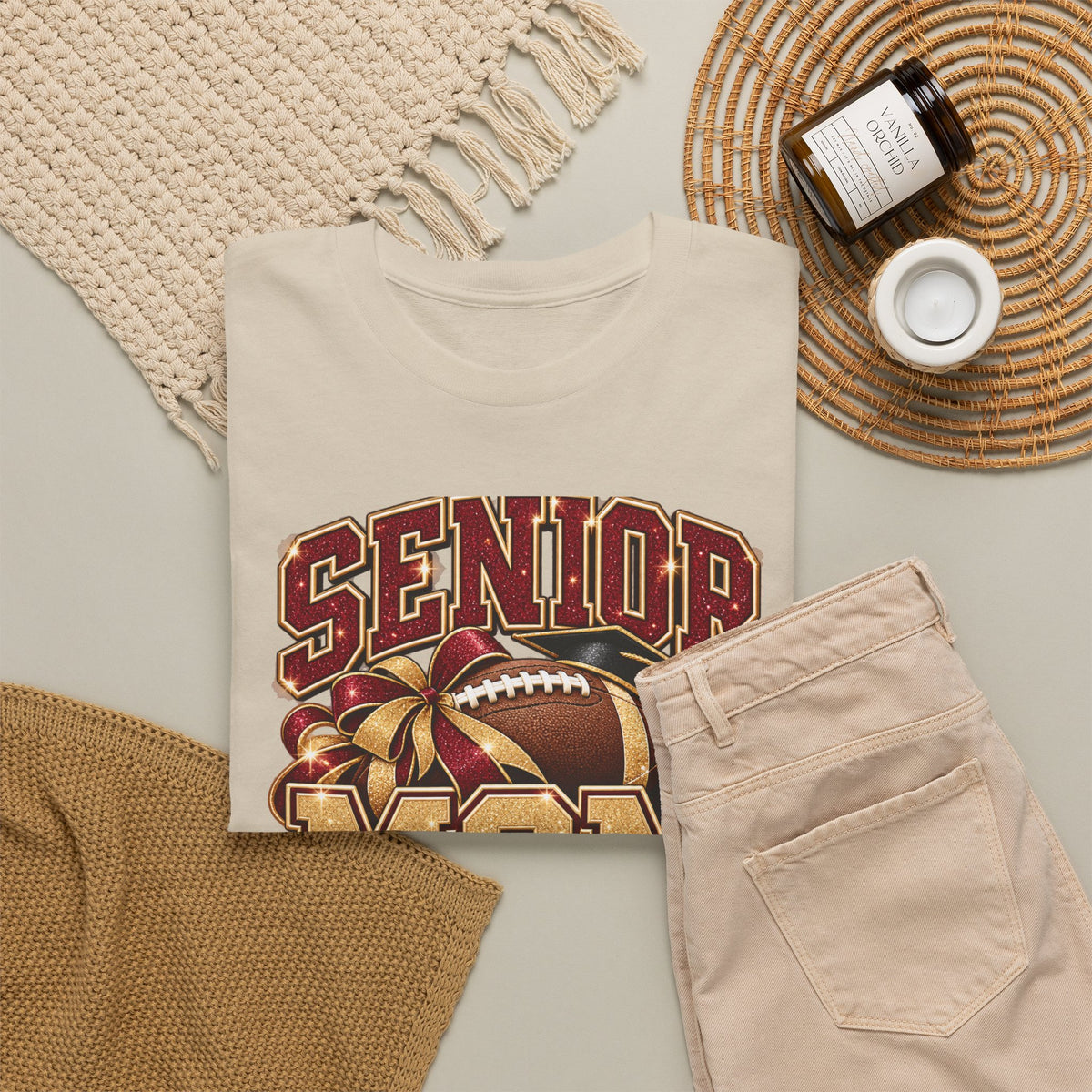 Personalized Senior Mom 2027 Football Shirt – Burgundy Gold Bow, Custom Player Name Number & Team