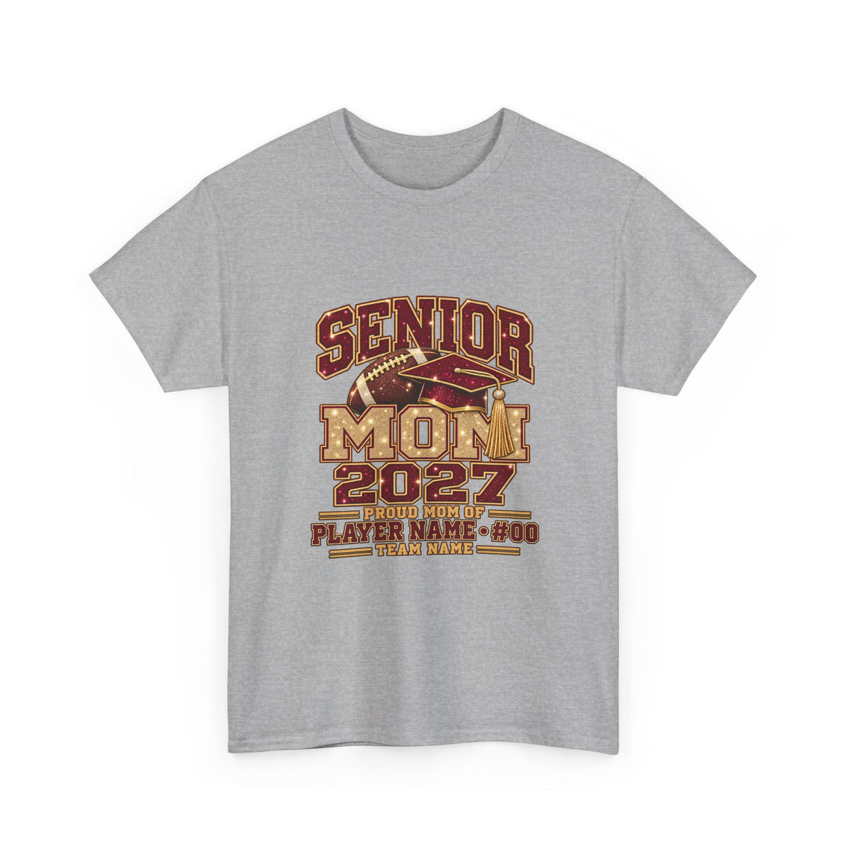 Personalized Senior Mom 2027 Football Shirt – Burgundy Gold Graduation Cap, Custom Player Name Number & Team