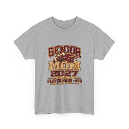 Personalized Senior Mom 2027 Football Shirt – Burgundy Gold Graduation Cap, Custom Player Name Number & Team