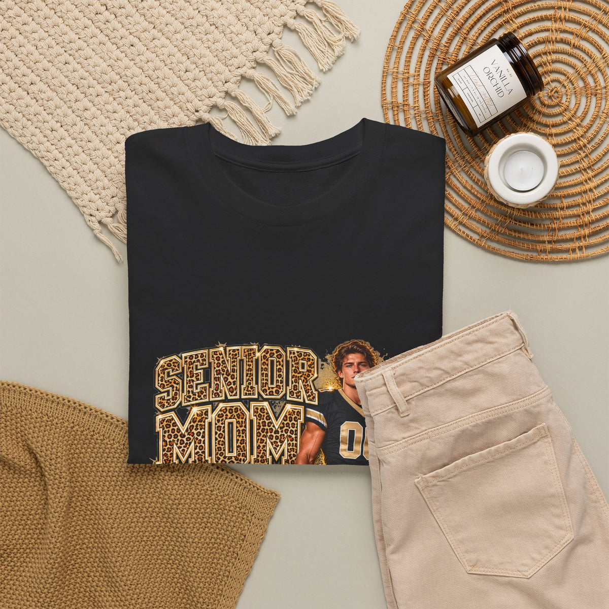 Personalized Senior Mom 2027 Leopard Football Photo Shirt – Gold Glitter Effect, Proud Mom of, Custom Player Name Number & Team