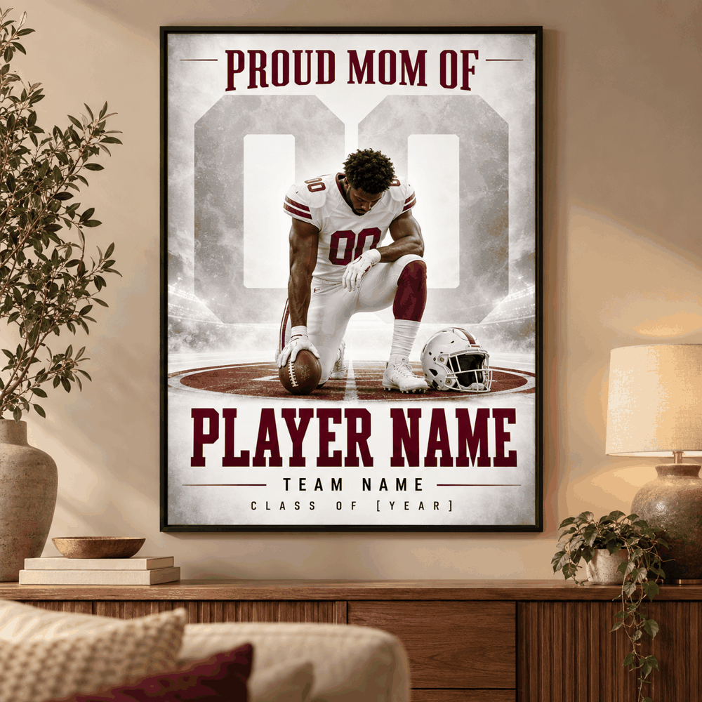 Proud Mom football framed poster – Burgundy Kneeling Player lifestyle preview