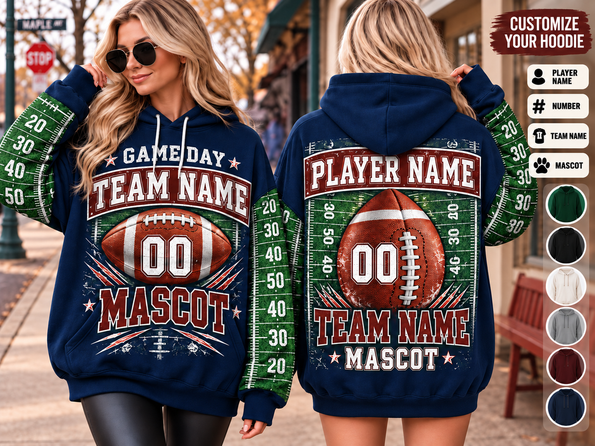 Game Day Football Hoodie Tee — Custom Team Name & Mascot (Number 00)