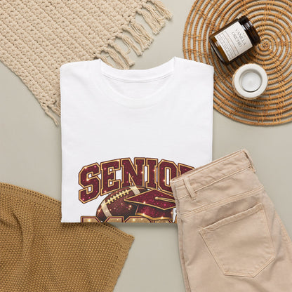 Personalized Senior Mom 2027 Football Shirt – Burgundy Gold Graduation Cap, Custom Player Name Number & Team