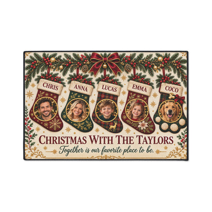 Personalized Christmas Family & Pet Photo Floor Mat — Gold Glitter Effect