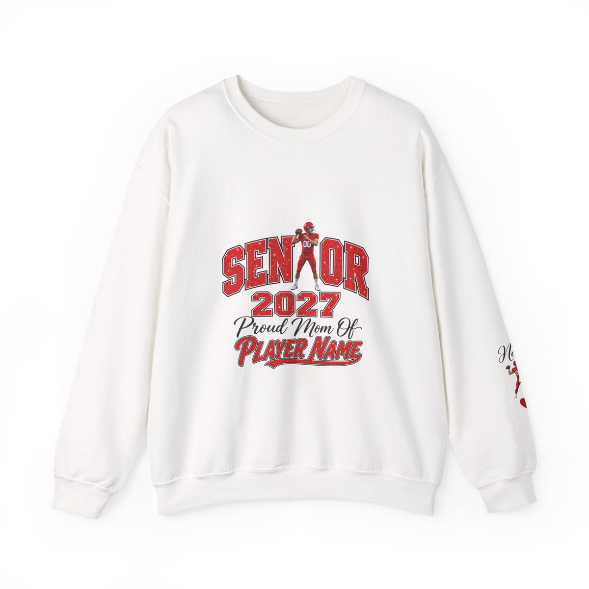 Personalized Senior Mom 2027 Sweatshirt — Quarterback Photo & Sleeve Heart