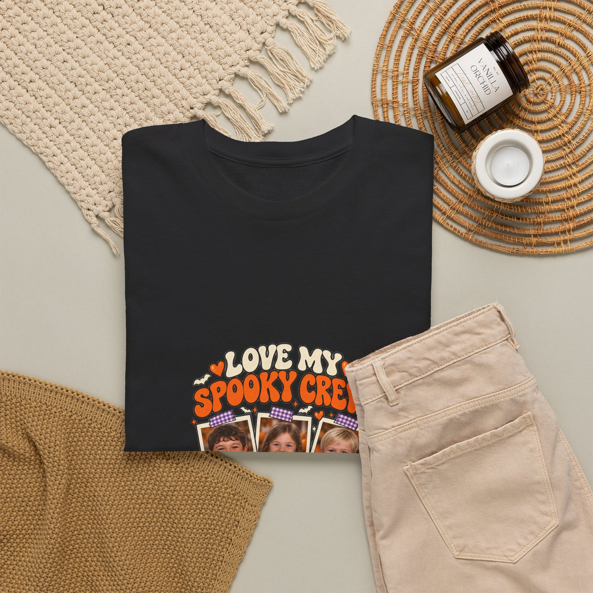 LOVE MY SPOOKY CREW – Personalized Halloween Mom Photo T-Shirt – 3 Kids Photos & Names