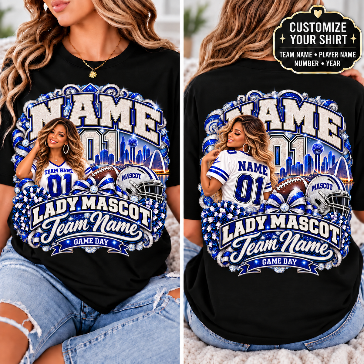 Personalized Football Mom Shirt – Custom Player Name, Number & Team Name – Lady Mascot Game Day Mom Tee – Glitter Effect