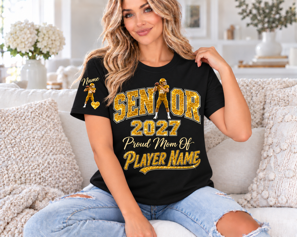Personalized Senior Mom 2027 T-Shirt — Quarterback Photo & Sleeve Heart