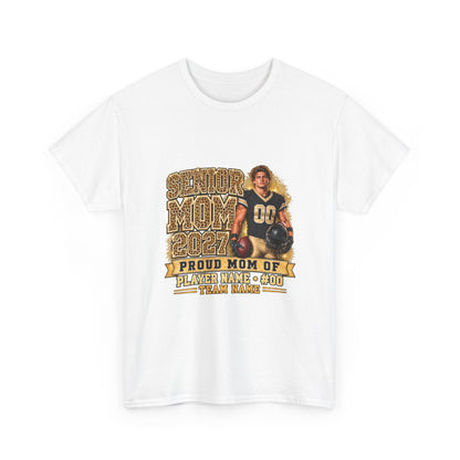 Personalized Senior Mom 2027 Leopard Football Photo Shirt – Gold Glitter Effect, Proud Mom of, Custom Player Name Number & Team