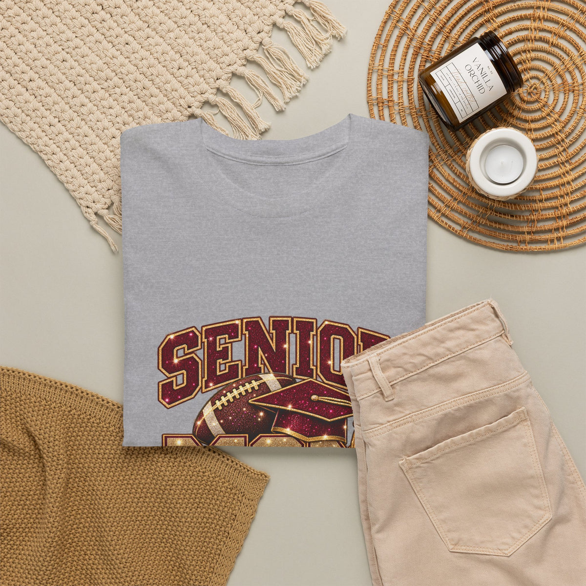 Personalized Senior Mom 2027 Football Shirt – Burgundy Gold Graduation Cap, Custom Player Name Number & Team